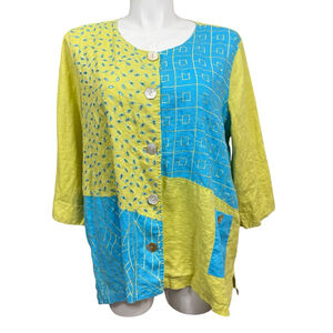 Ali Miles Linen Patchwork Top Women’s 2X Green Blue Embroidered Button Front